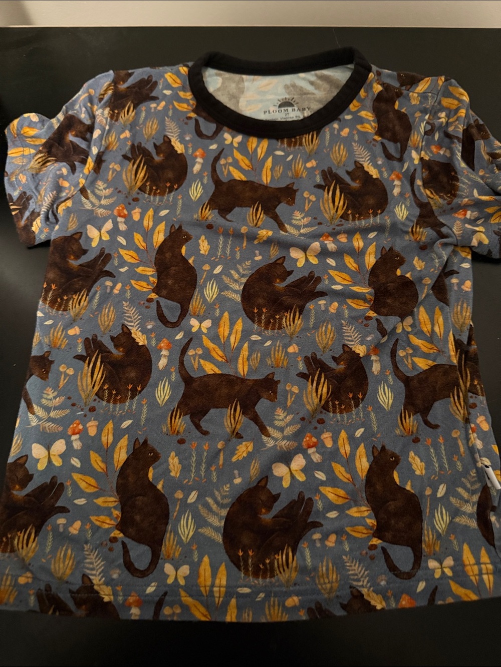 Plush Cotton Kids Cat Print Tee in Blue with Black Trim